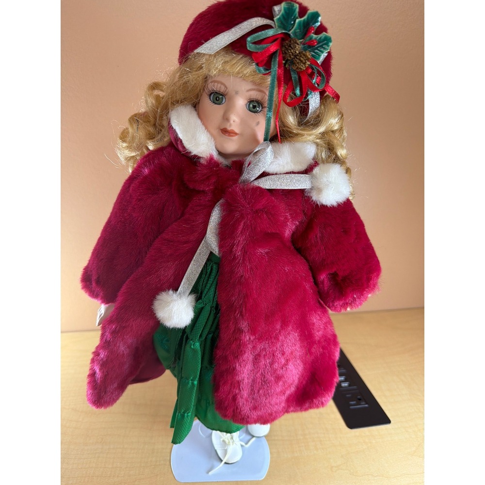Vintage Porcelain Christmas Doll Burgundy Faux Fur Coat Green Dress Holiday Deco